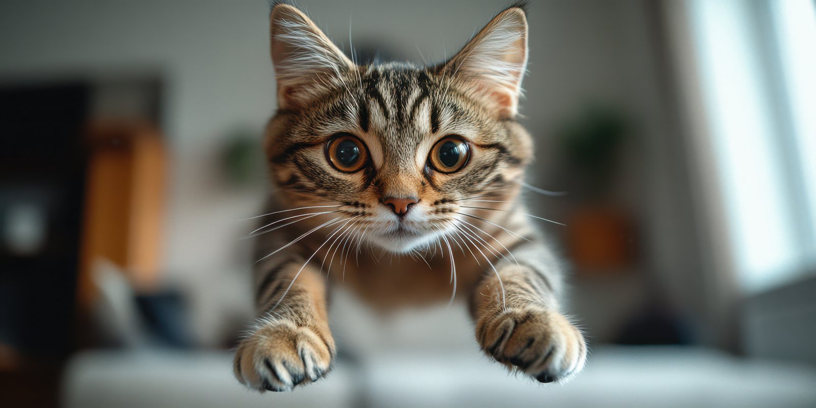 Cat leaps gracefully across a room showcasing agility and playfulness in a cozy indoor environment